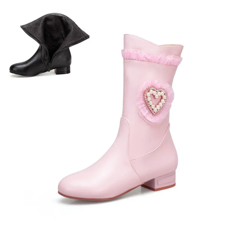 PXELENA Romantice/сердцевидный жемчуг; Свадебная обувь для невесты; белые кружевные туфли с оборками на низком каблуке; Милая обувь в стиле Лолиты; цвет розовый; большие размеры 34-43 - Цвет: Pink thin fur