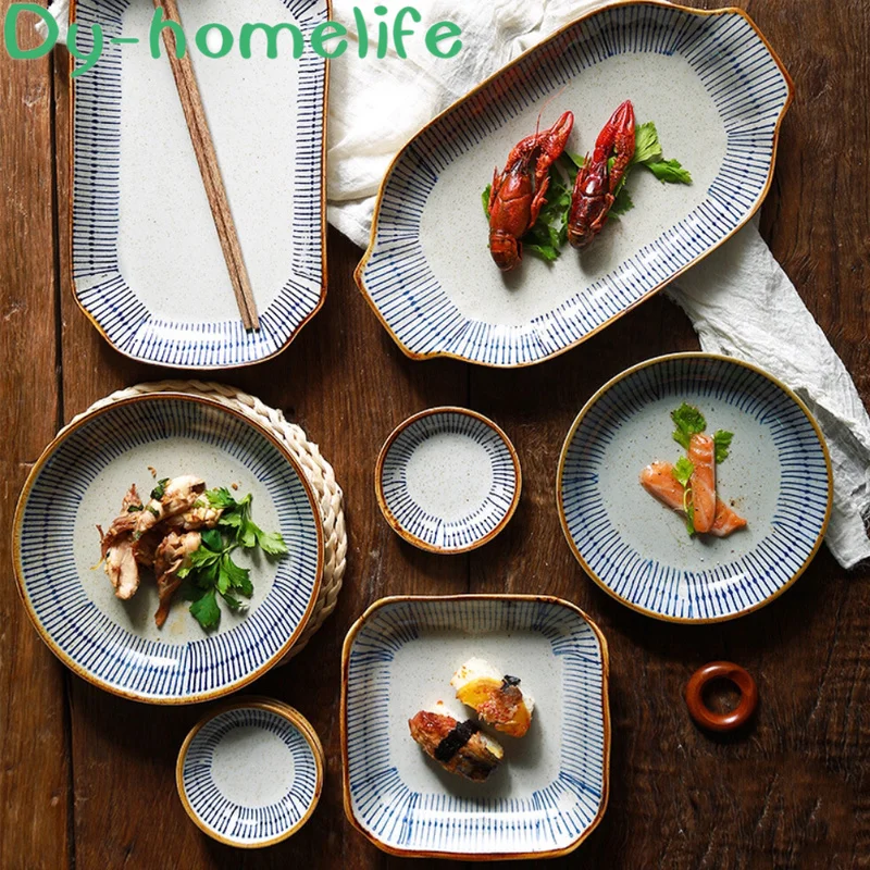 

Multi-size Japanese Retro Striped Ceramic Tableware Set Restaurant Kitchen Home Bone China Multiple Styles Plate Bowl Dish