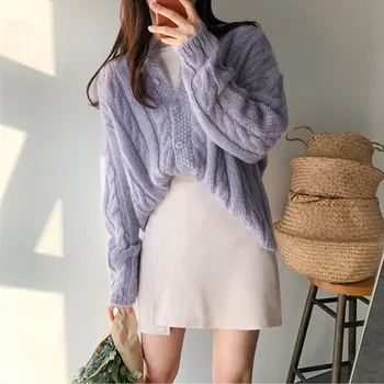 

Fall Sweet Loose Solid Casual Sweater V-Neck Violet Retro Soft High Street Knitted Cardigans Elegant Warm Plus Size Sweater