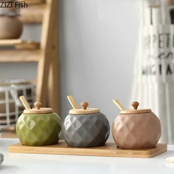 

Spice Jar Ceramics Condiment Bottles with Tray and Spoon Kitchen Seasoning Salt Oil Container Home Paprika Garlic Storage Box