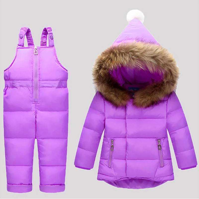 

Russia Winter Children Clothing Sets Jumpsuit Snow Jackets+bib Pant 2pcs Set Baby Boy Girls Duck Down Coats Jacket With Fur Hood