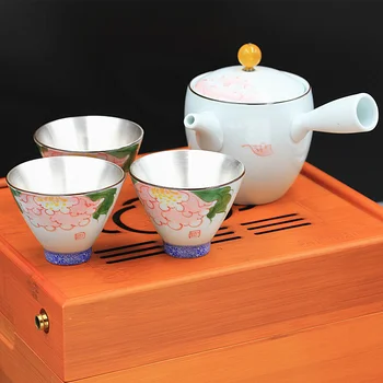 

Silver tea set, silver pot, silver cup, pure silver 999 hand-painted celadon home portable travel tea set, silver products