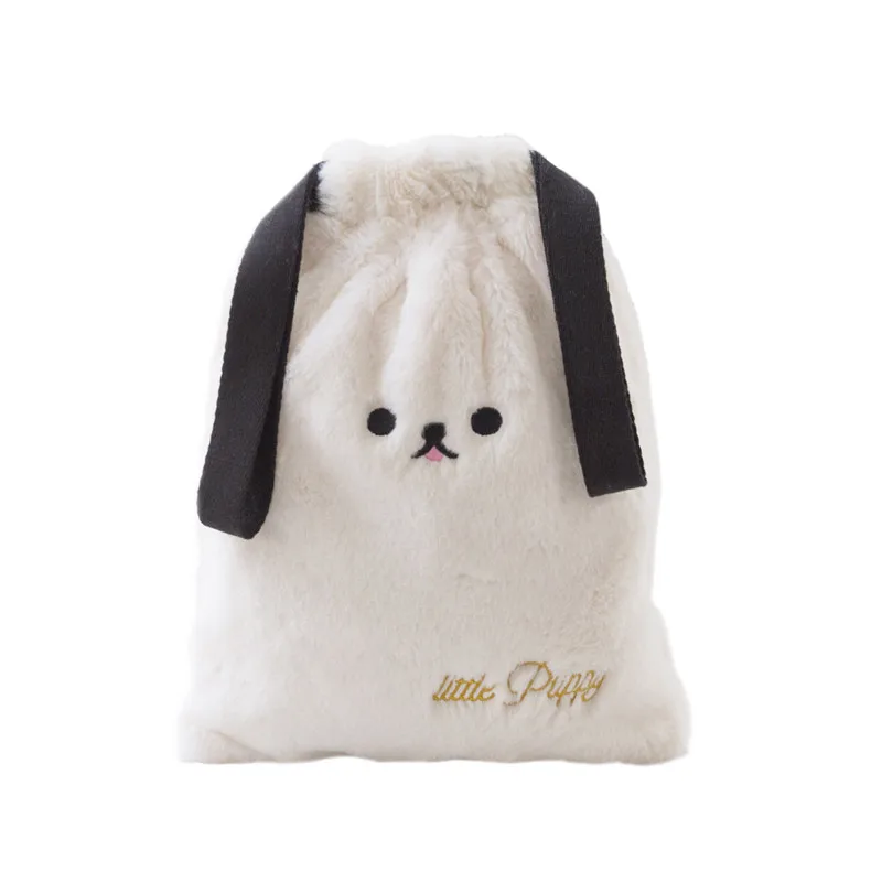 Bentoy Cute Dog Embroidery Drawstring Bag Plush Travel Clothes Organizer Tote Handbag Bouquet Pocket Women Shoulder Bag - Цвет: white