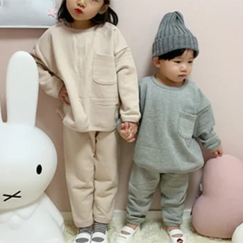 

2020 autumn winters children clothes new fashion girls round collar wool fleece leisure sweatshirt and pants two piece sets
