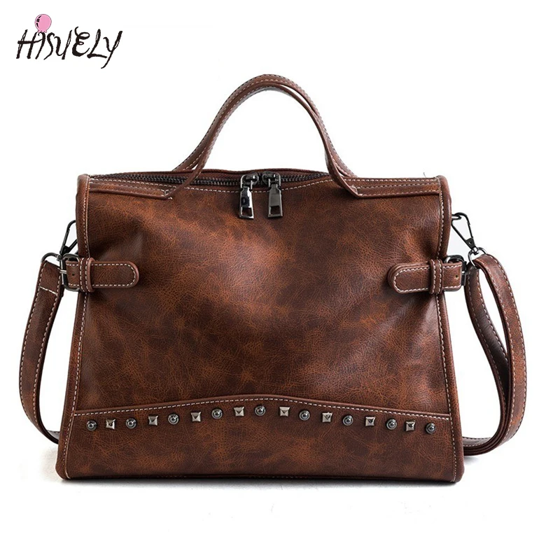 

Herald Fashion Rivet Vintage Female Handbag Quality Leather Messenger Bag Women Shoulder Bag Larger Top-Handle Bags Travel Bag