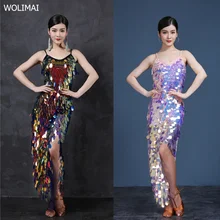 Платье для латинских танцев; костюмы для латинских танцев; блестящие женские костюмы для латинских танцев; Комплект для ночного клуба; длинное платье для латиноамериканских танцев с большими блестками