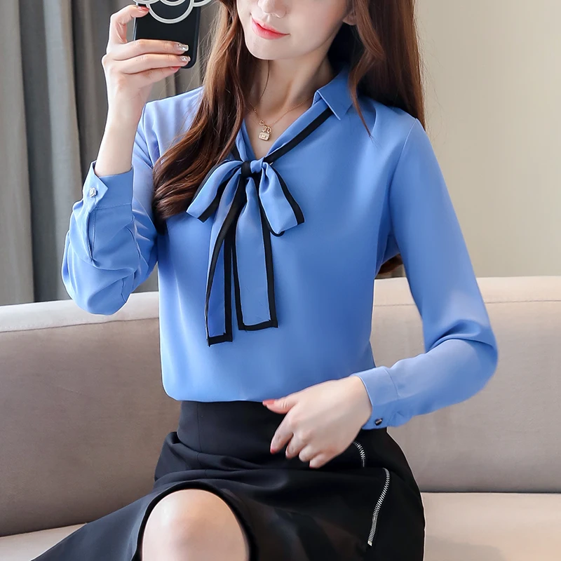 Womens Tops and Blouses Long Sleeve V-neck Bow Chiffon Blouse Women Shirts Fashion Korean Plus Size Women Blouses Blusas Mujer