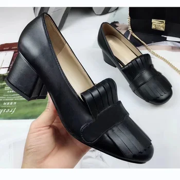 

Black Genuine Leather Woman High Heels vintage loafers shoes with fold over fringe 3.3" heel height Tacones altos Christmas Gift