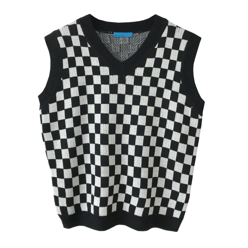 Black And White Plaid Knitted Vest