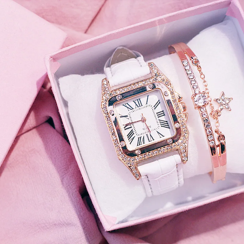 Женские часы с бриллиантами, Звездные роскошные часы с браслетом, женские повседневные кварцевые наручные часы с кожаным ремешком, женские часы zegarek damski - Цвет: White and bracelet