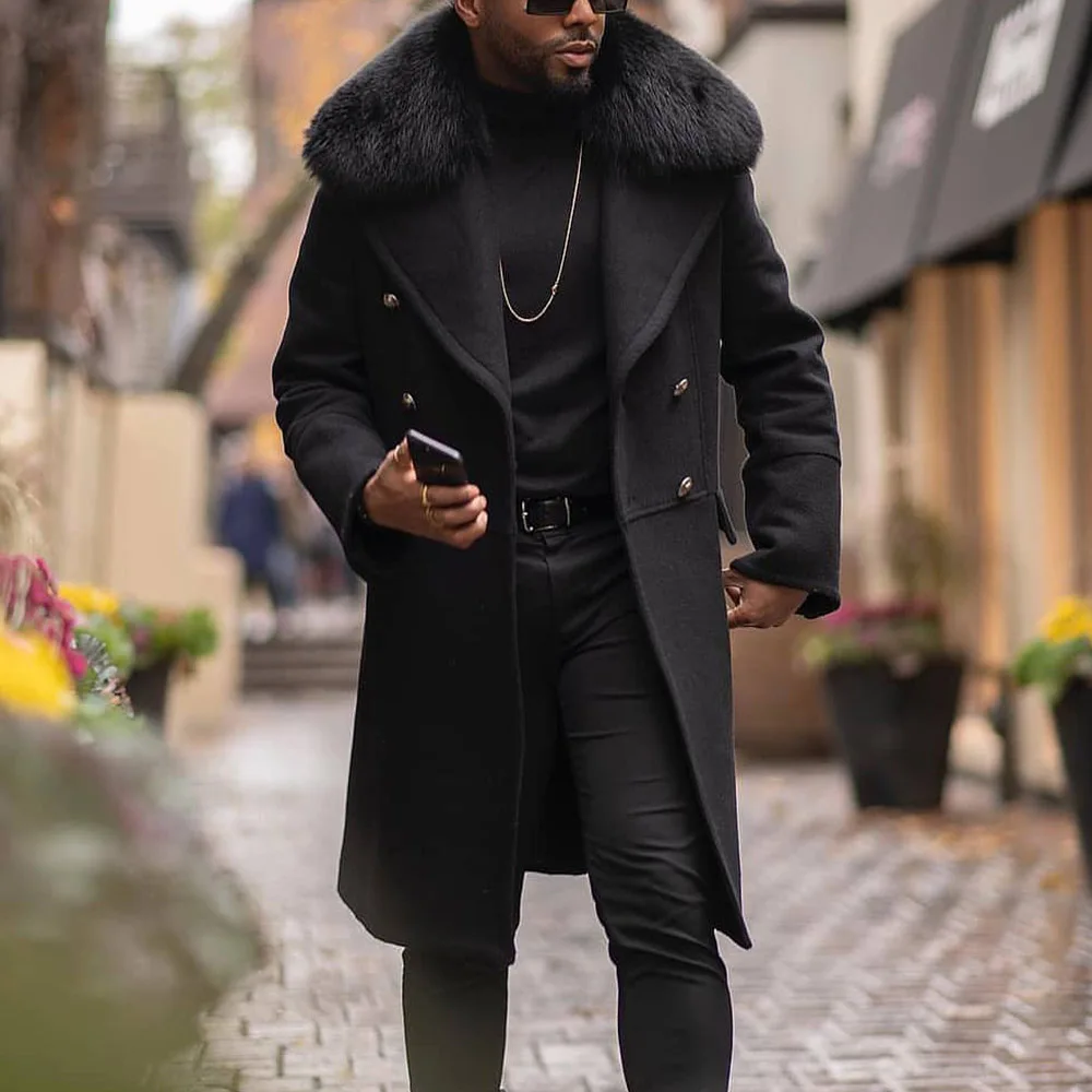 New Men's Long Coats Winter Faux Fur Collar Men Woolen Jacket Overcoat Fashion Autumn Male Double-Breasted Casual Outwear Coat | Мужская