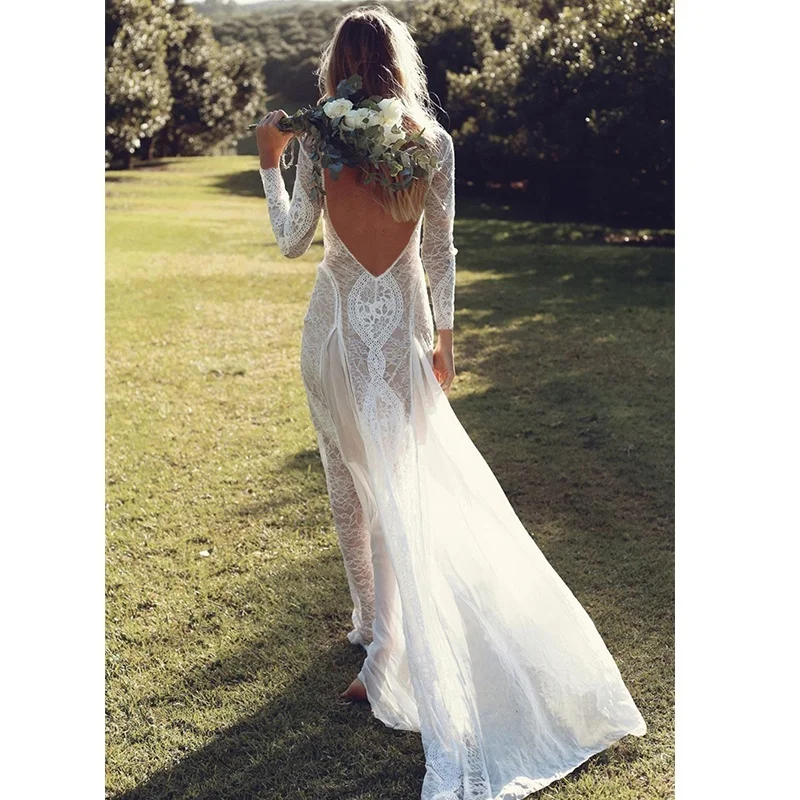 Скромное Свадебное платье русалки в стиле бохо, кружевное свадебное платье с открытой спиной и длинным рукавом, свадебное платье