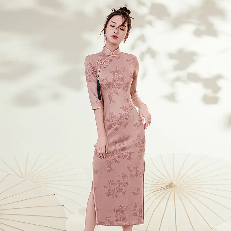 Cheongsam Qipao Chinese Dress Modern Pink Improved Cheongsam Retro Evening High-End Dress Elegant Floral Women