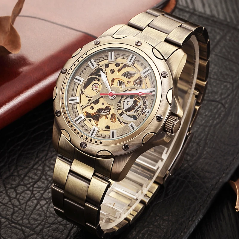 

SHENHUA Luxury Brand Mens Automatic Skeleton Mechanical Watches For Males Retro Bronze Steampunk Full Steel Wristwatches Gifts