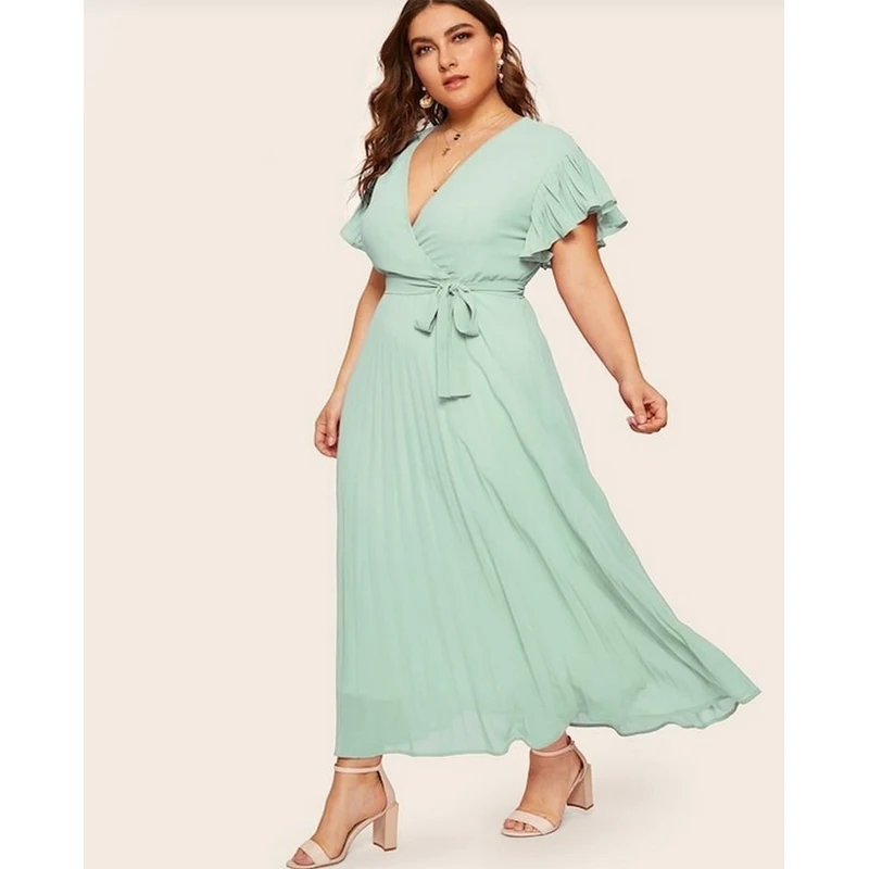 

QWEEK Plus Size Oversized Dress for Women Fashion Chiffon Short Sleeve Long Dress Women Summer Patchwork V Neck Yellow Dress