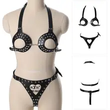 1 комплект, кожаный бюстгальтер с ремешками, топ в стиле панк, клетка, грудь, заклепки, выдалбливают, бюстье, нижнее белье, вечерние, для танцев на шесте, Рейв, трусики с подвязками