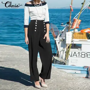 

Celmia Women Elegant High Waist Wide Leg Pants 2020 Causal Loose Long Pants Buttons Office Stretchy Trousers Plus Size Pantalone