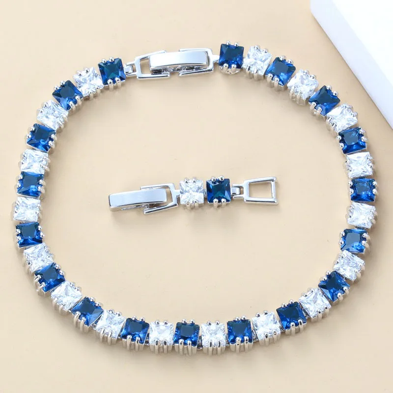925 пробы серебряные женские ювелирные изделия наложения Белый Циркон Синий Циркон звено цепи браслет подарочная коробка SL34