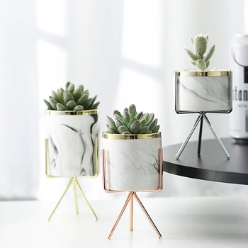 

Nordic Style Marble Pot Iron Ceramics Flowerpot Creative Desktop Flower Barrel Iron Frame Ceramic Basin Home Table Decor