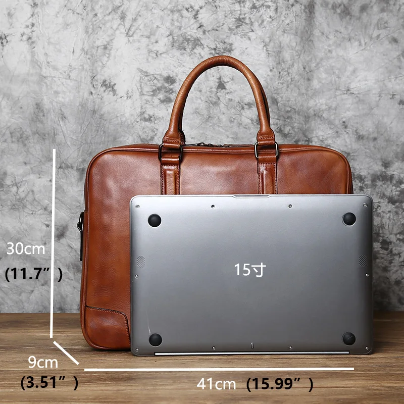 NZPJ Retro Handmade Leather Men's Handbag Top Layer Cowhide Briefcase Vegetable Tanned Leather Horizontal Business Computer Bag