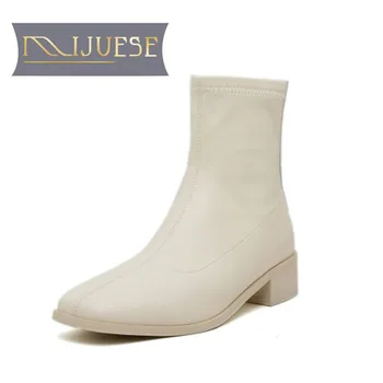 

MLJUESE 2021 women Ankle boots Cow leather Winter Square Toe zipper Med heels female boots size 40