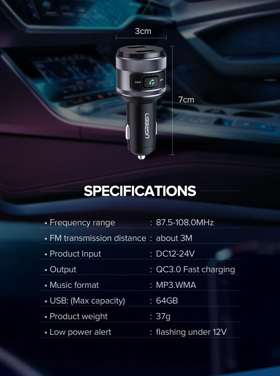 Ugreen USB Автомобильное зарядное устройство Bluetooth fm-передатчик QC Быстрая зарядка 3,0 Быстрая зарядка для Xiaomi samsung iPhone huawei QC3.0 зарядное устройство