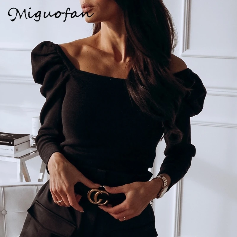 Miguofan puff long sleeve sweaters knitted pullovers women solid vintage sweaters spring autumn jumpers female sweater 2020 new