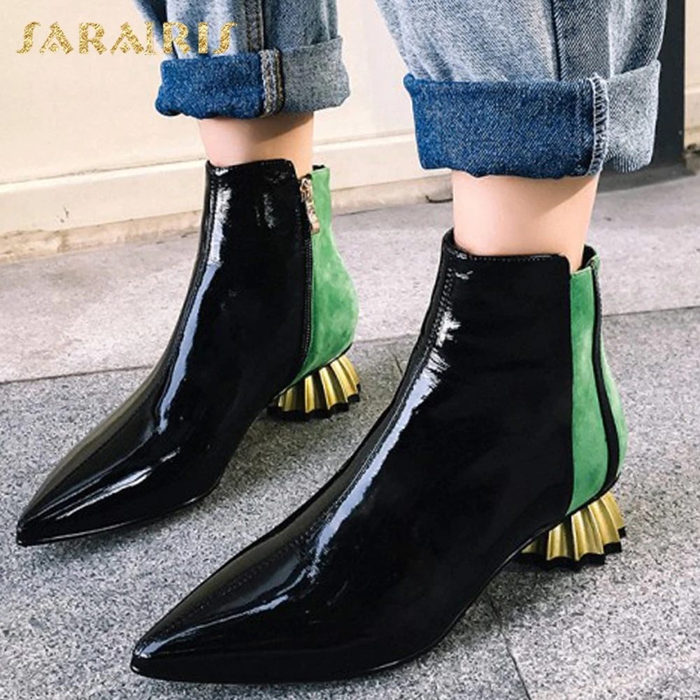 

Sarairis Patent Cow Leather Shoes Women Ankle Boots Mixed Colors Autumn Low Strange Heels Pointed Ankle Boots Woman