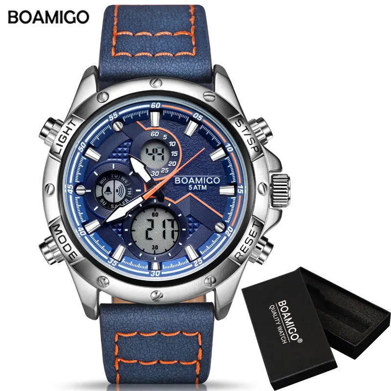 blue box BOAMIGO Роскошные Брендовые мужские спортивные часы мужские Модные Военные светодиодный цифровые и аналоговые часы кожаные кварцевые наручные часы relogio mascu - Цвет: blue box