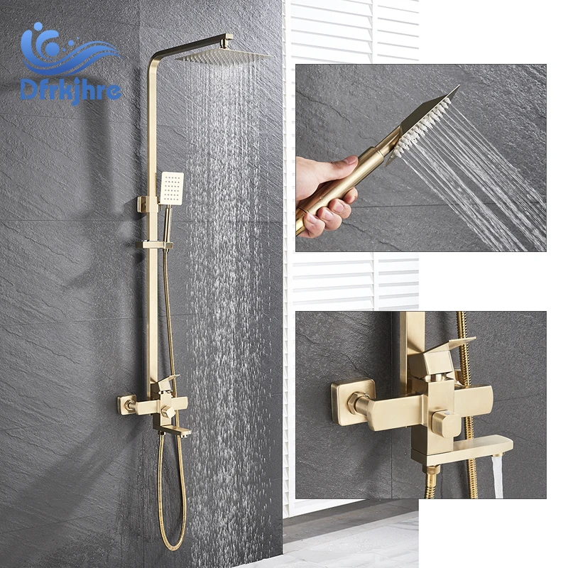 Shower Faucet Brushed Gold Bathroom Rain Shower Bath Faucet Wall