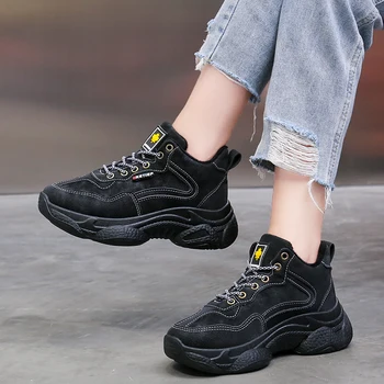 

2019 Winter New Women Lace-up Chunky Sneakers Plush Keep Warm Wedge Platform Sneakers Casual Black Dad Shoes