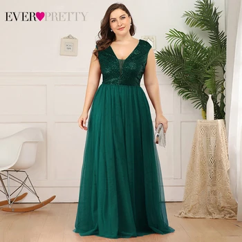 

Plus Size Sequined Prom Dresses Ever Pretty EP00983 A-Line V-Neck Sleeveless Tulle Elegant Evening Party Gowns Gala Jurken 2020