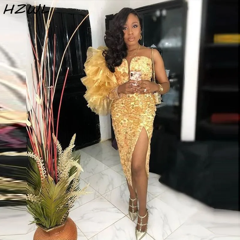

Black Girls African Prom Dresses One Shoulder Ruffles Full Sleeves Leg Split Mermaid Evening Dress robe de soiree Aso Ebi Gowns