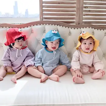 

6-24M Newborn Baby Girls Bodysuits Long Sleeve Cotton Baby Boys Clothes Baby Striped Bodysuit + Cartoon Hat Kids Clothing Set