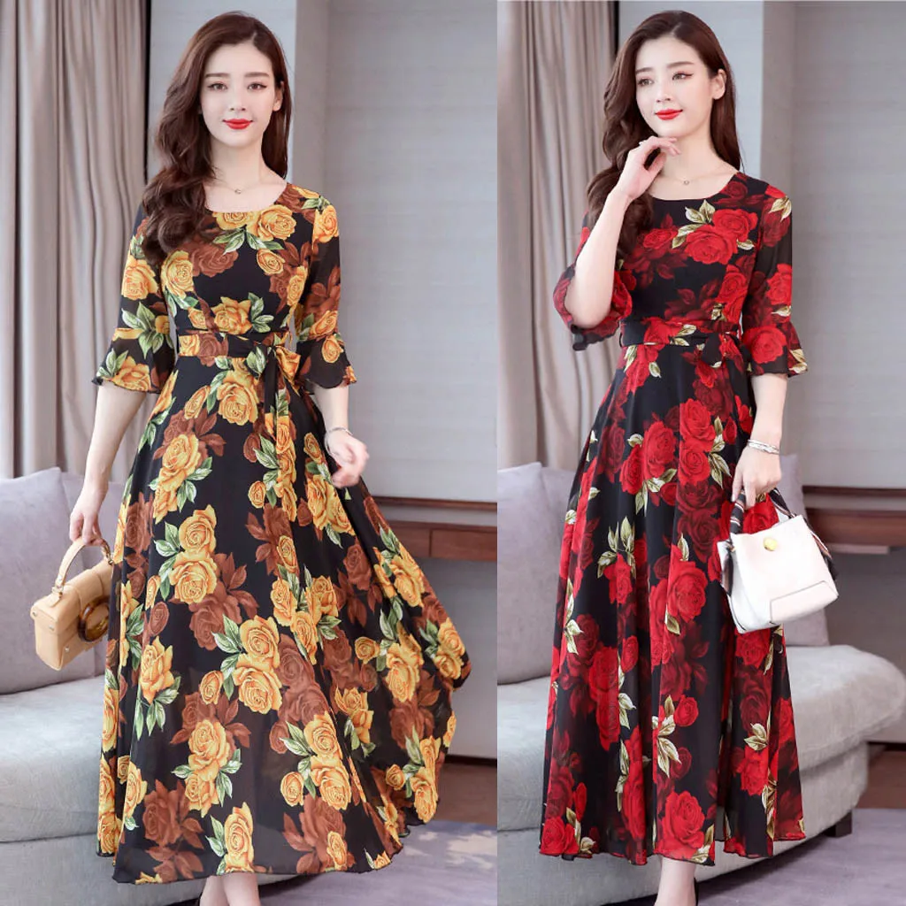 

Floral long dress elegant autumn and winter fashion christmas dress women winter autumn dress women midi sleeve a line#A3
