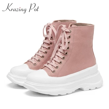 

Krazing Pot 2020 european style cross-tied lace up motorcycle boots leisure thick bottom round toe handsome punk ankle boots L22