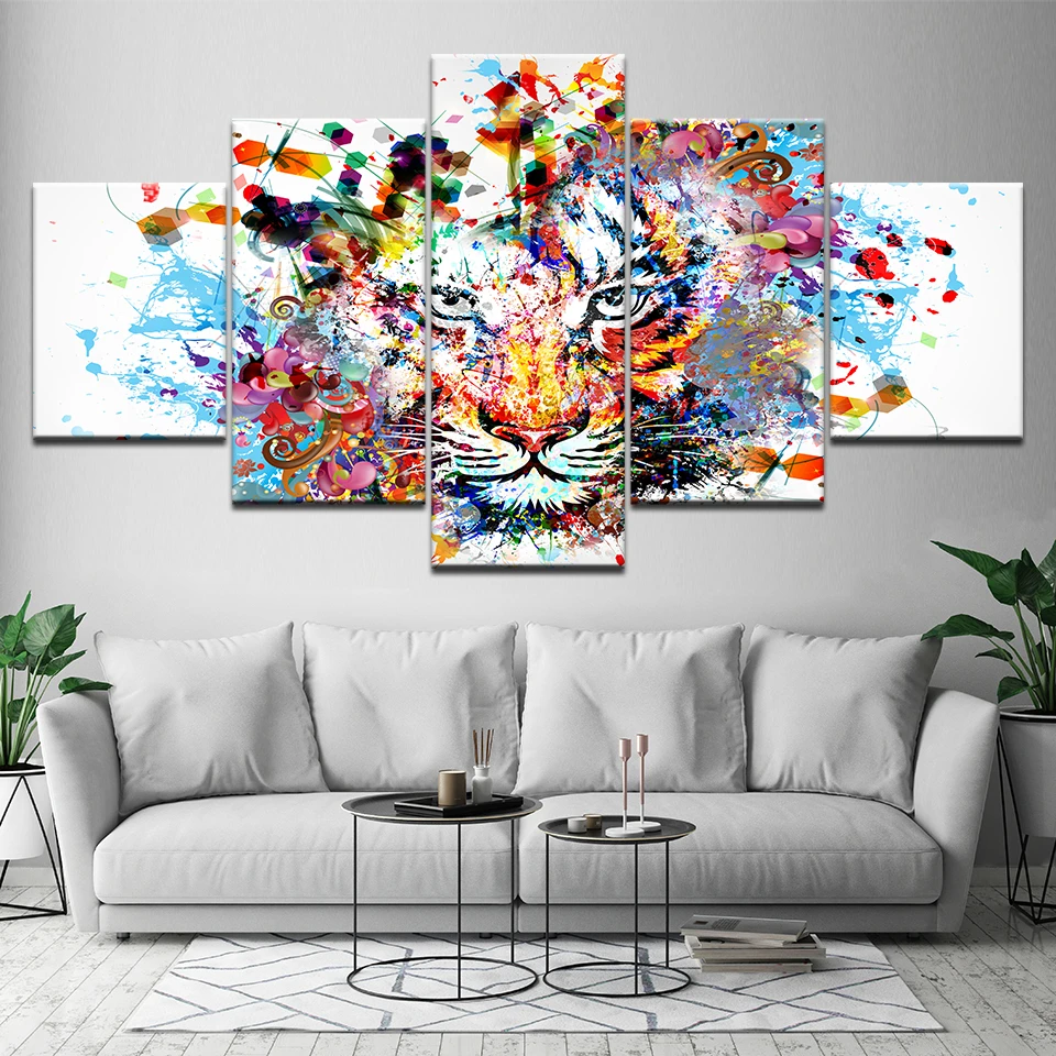 Canvas Hd Printed Modern Home Decorative 5 Panel Watercolor Animals Poster Painting Wall Art Picture Living Room Modular Frame|Painting & Calligraphy| - Aliexpress