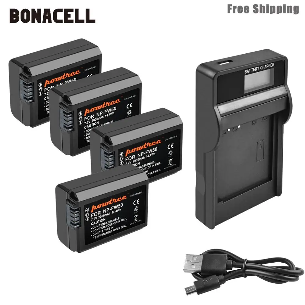 Bonacell 2000 мА/ч, NP-FW50 NP FW50 Батарея+ ЖК-дисплей Зарядное устройство AKKU для sony NEX-7 NEX-5N NEX-5R NEX-F3 NEX-3D Alpha a5000 a6000 L50
