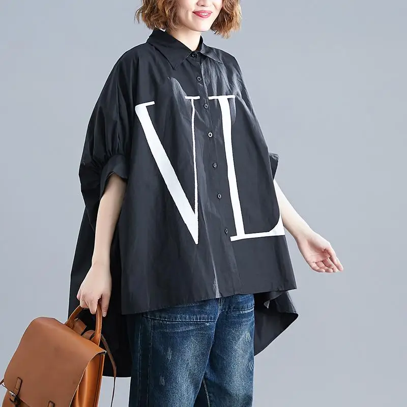 

Plus Size Irregular Print Black Shirt Blouse Summer Women Short Sleeve Woman Womens Tops and Blouses Ladies Cotton Shirts 2020