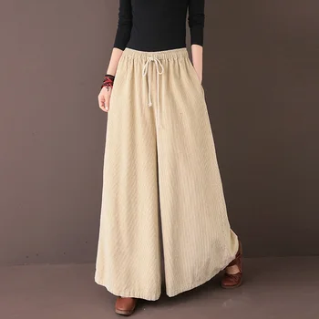 

2019 Autumn And Winter new Casual Wide Leg Pants women Solid color High waist Corduroy Trousers female