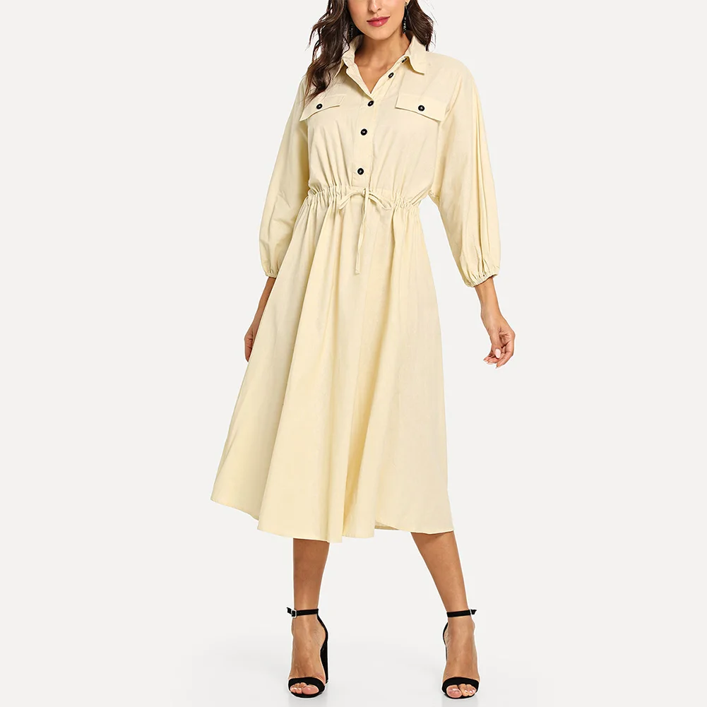 

Bikitique Lantern Sleeve Suit Collar Waistband Button Casual Party Dress Women Commuter Solid Vintage Dress Lady Vestidos