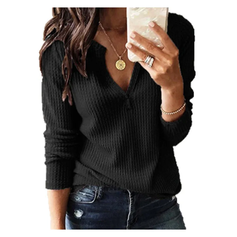 

Women Shirt Sweater Office Blouse V-neck Long Sleeve Top Lady Solid Color Casual Tops
