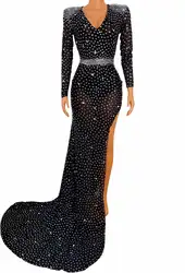 Autumn New Mesh Gem Pearl Chain long-sleeved split skirt will New Year’s Eve party dress