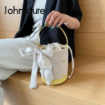 

Johnature 2020 New Woven Beach Handbag Fashion Women Small Bucket Bag Embroidery Beach Straw Bag Casual Totes Messenger Bag