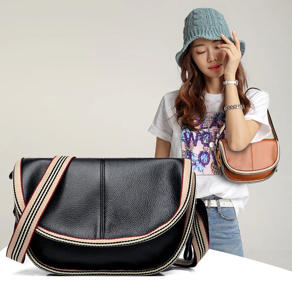 Vintage Half Moon Shoulder Bag for Women Lychee Pattern Leather Handbag Female Wide Strap Crossbody Hit Color Messenger | Багаж и сумки