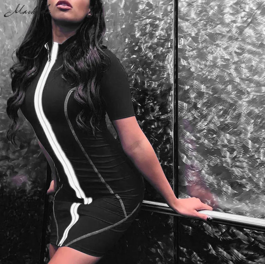 

Macheda Women Patchwork Striped Reflective Zipper Dress Fashion Slim Lady Sheath Short Sleev Turtleneck Dress Streetwear 2019