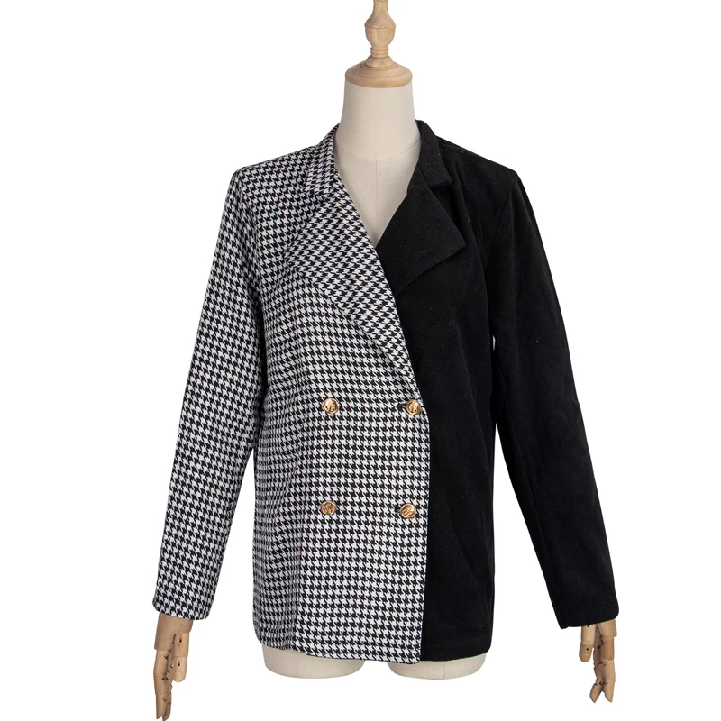 Houndstooth Blazer wome Plaid Double Breasted Jacket Blazers Women Autumn Casual Vintage Suits Female Winter Patchwork OL Suits