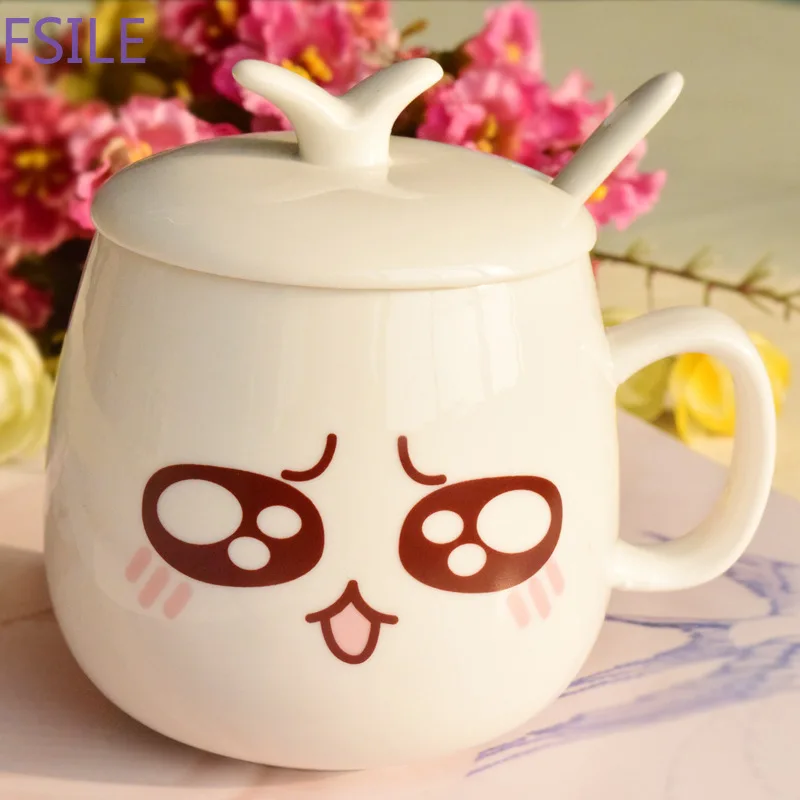 320ml Cute Cartoon Expression Ceramic with Lid with Spoon Coffee Mug Creative Drink Coffee Cup Tea Cup Novelty Milk Cup