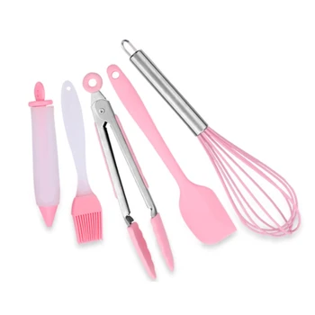 

5Pcs Silicone Baking Set Stainless Steel Egg Beater Brush Food Clip Cake Decorating Pen Pink