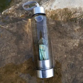 

Natural Quartz Labradorite Crystal Glass Elixir Water Bottle Point With Crystal Wand Healing